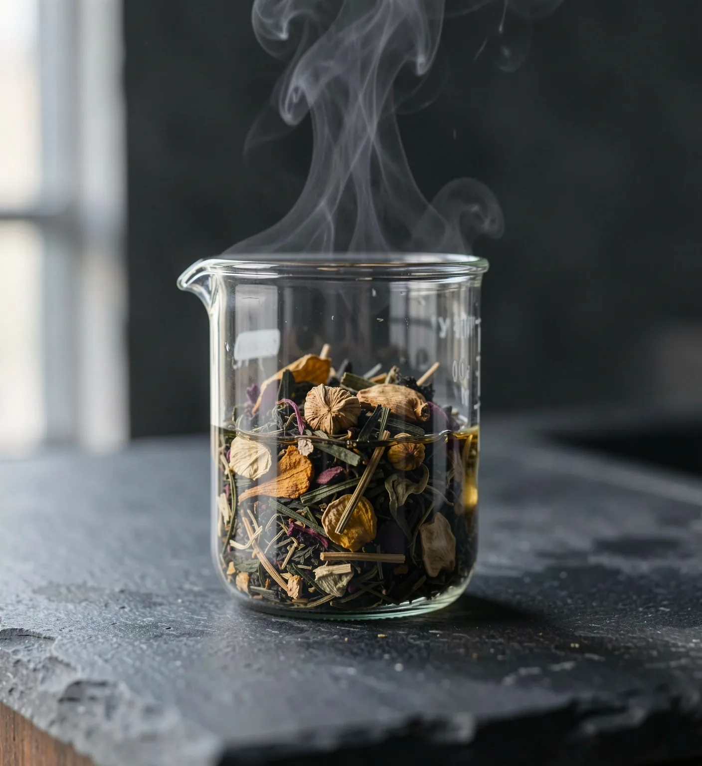 Foglie di tè e botaniche essiccate su superficie scura