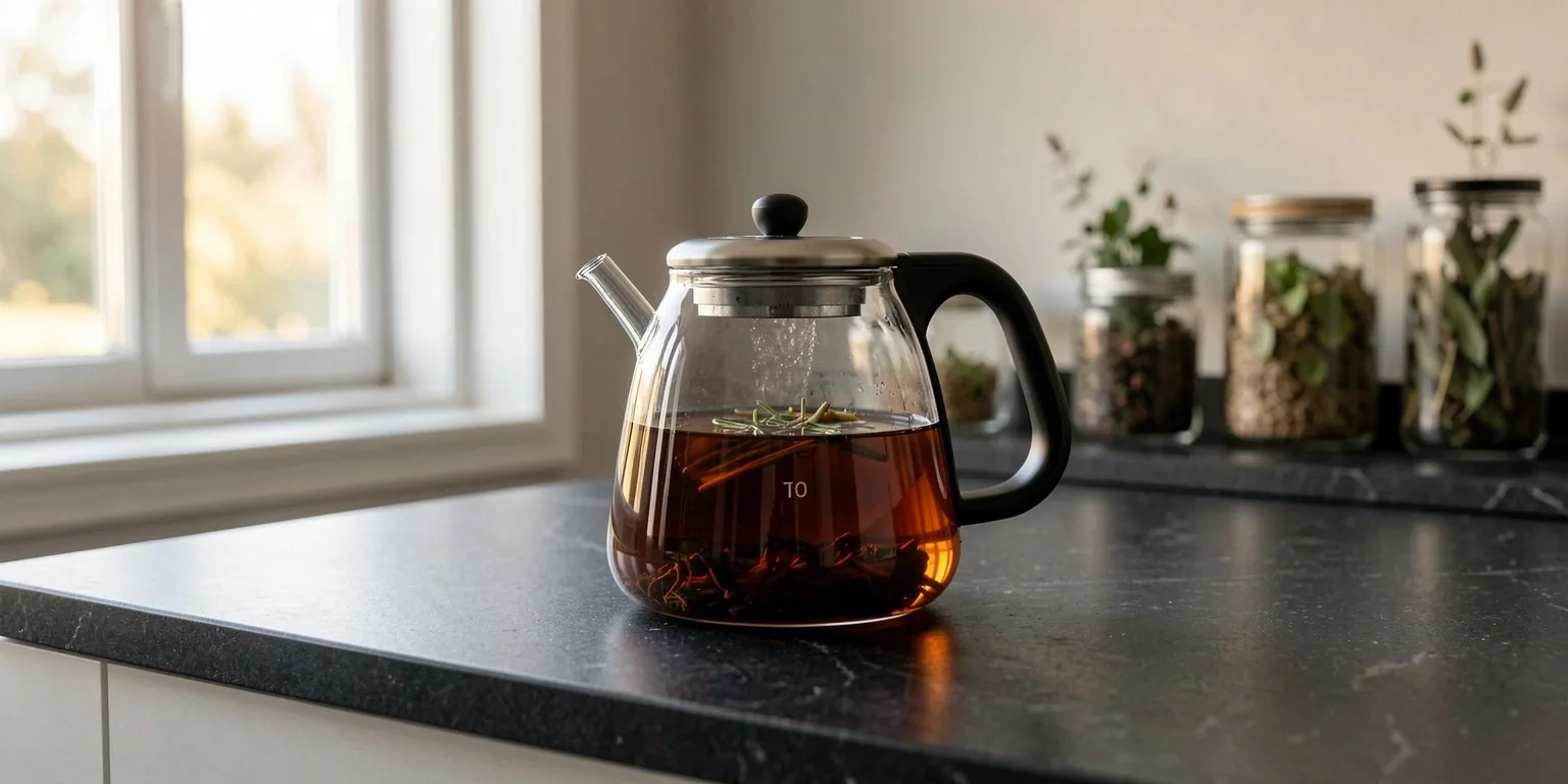 Tazza di tè botanico su tavolo d'ardesia con vapore
