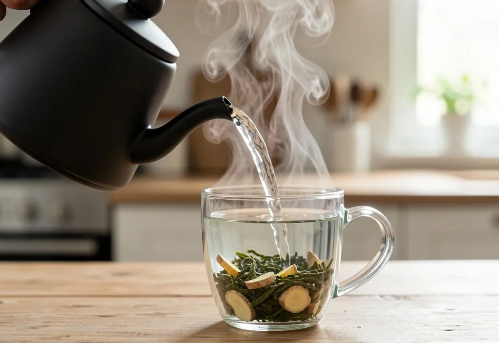 Acqua versata su foglie di tè alla temperatura corretta