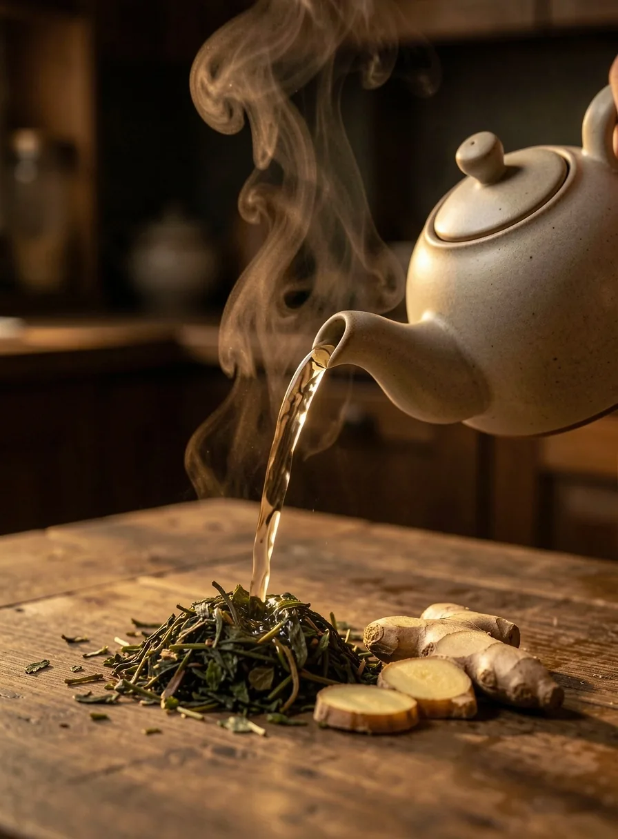 Preparazione di una tazza di tè Good fit con foglie verdi e zenzero