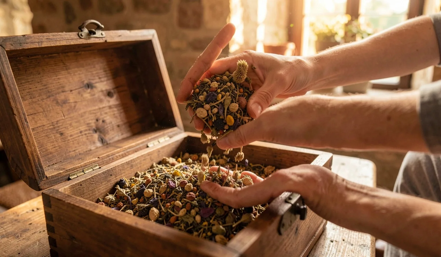 Confezione aperta di miscela botanica su legno scuro