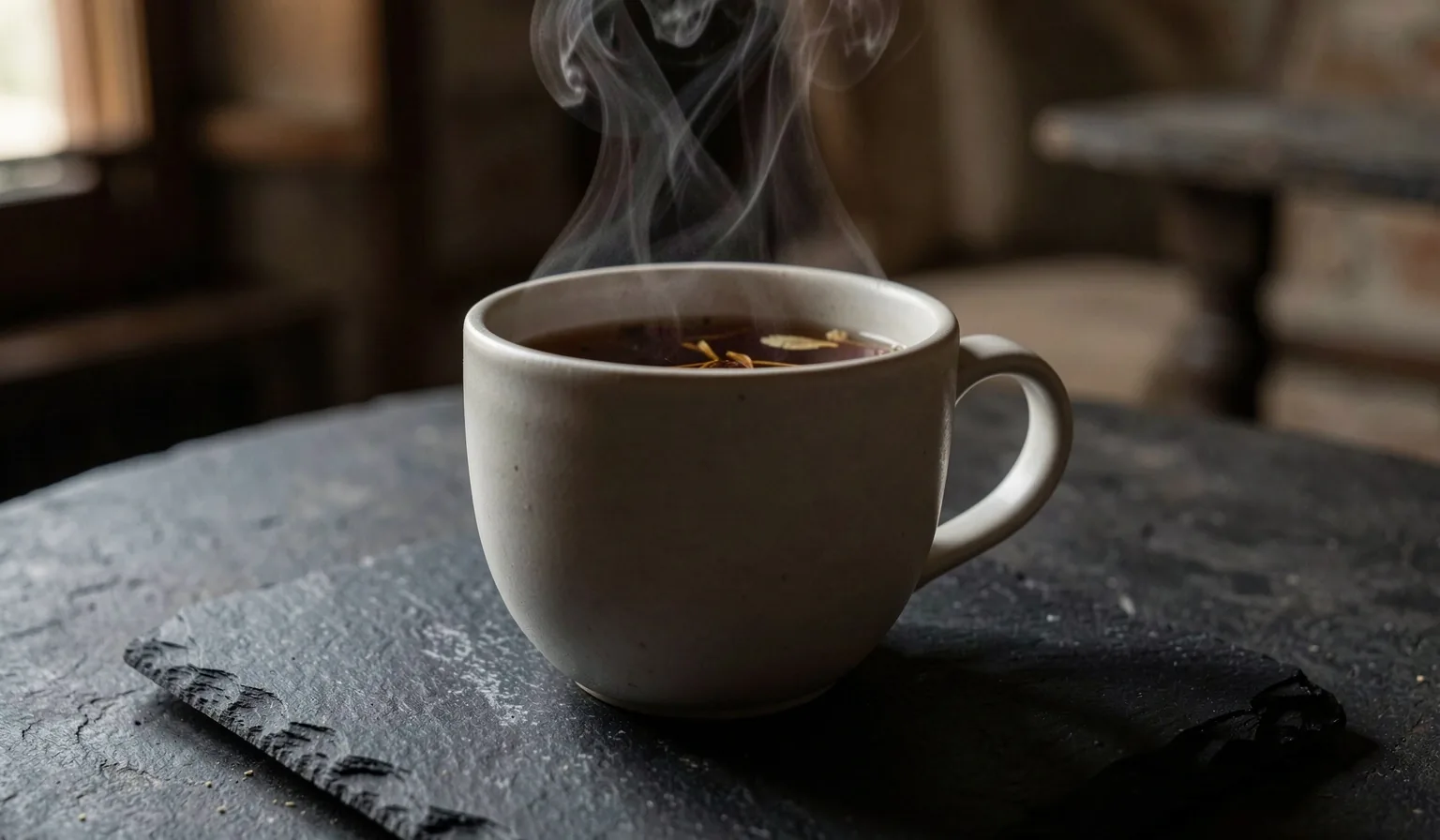 Tazza di infuso botanico su tavolo in pietra