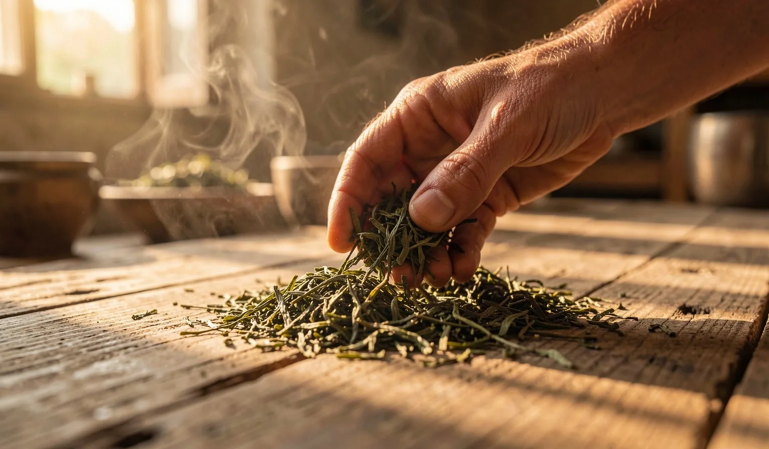 Foglie di tè verde in essiccazione su vassoio di bambù