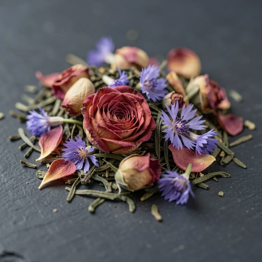 Petali di fiori essiccati tra foglie di tè verde
