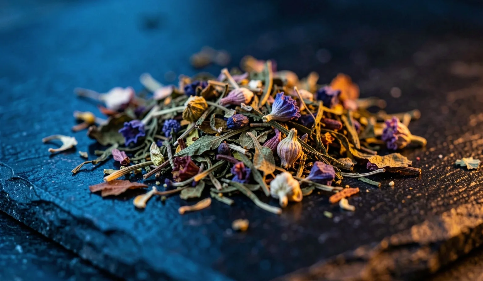 Foglie botaniche secche su superficie scura