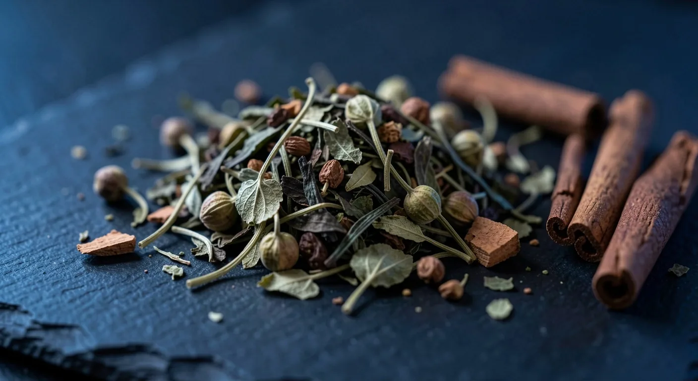 Foglie di tè e ingredienti botanici essiccati su superficie scura