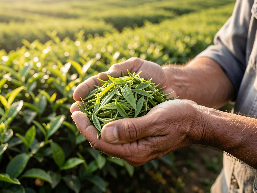 Mani che raccolgono foglie di tè fresche nella piantagione