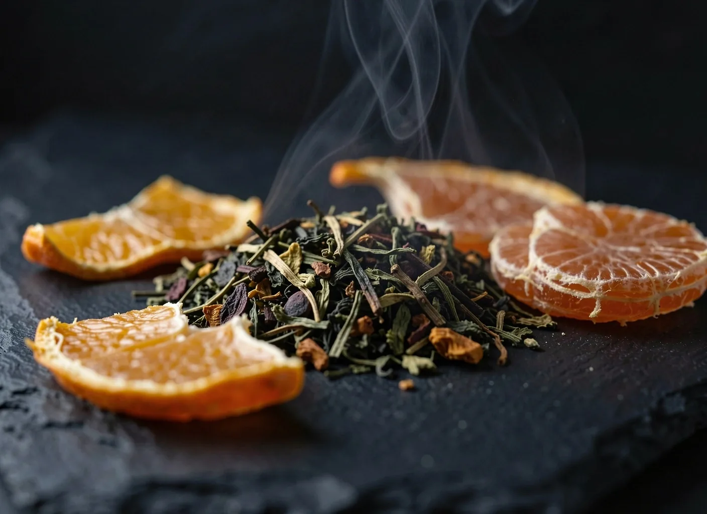 Foglie di tè keto e scorze di agrumi su superficie scura